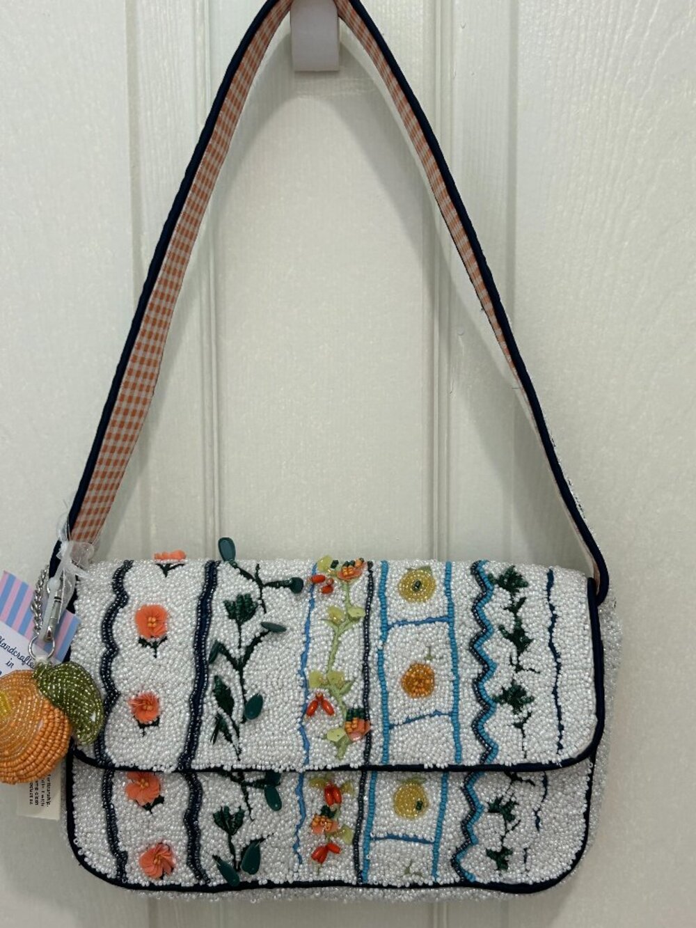 India Beaded Bag Sequin Spring Flower Vine Orange Fruit Charm Gingham Strap